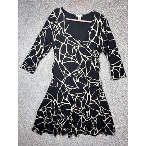 Harold's Black &‎ Tan Abstract Print Wrap Dress 3/4 Sleeve XL